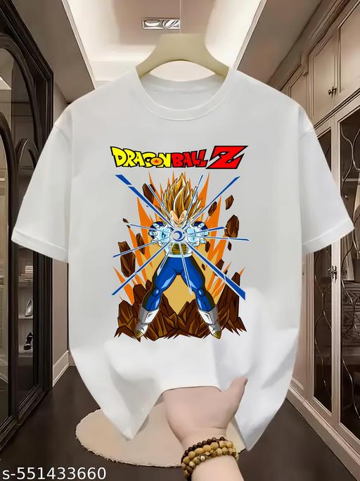 RONIN MART-(KIDS-VEGETA, DBZ, DBS, GOKU, DRAGGON BALL Z, SUPER SAIYAN DESIGN PRINTED) SHORT SLEEVES WHITE ROUND NECK TRENDY 160 GSM POLYESTER T-SHIRT FOR GIRLS AND BOYS.