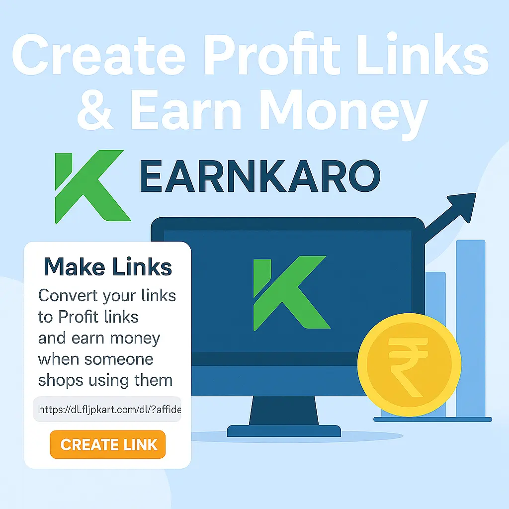 EarnKaro App Make Deals Shared and Earn real cash from your phone 3 Dashboard view of the EarnKaro app's Make Links tool with rising profit chart and affiliate marketing icons