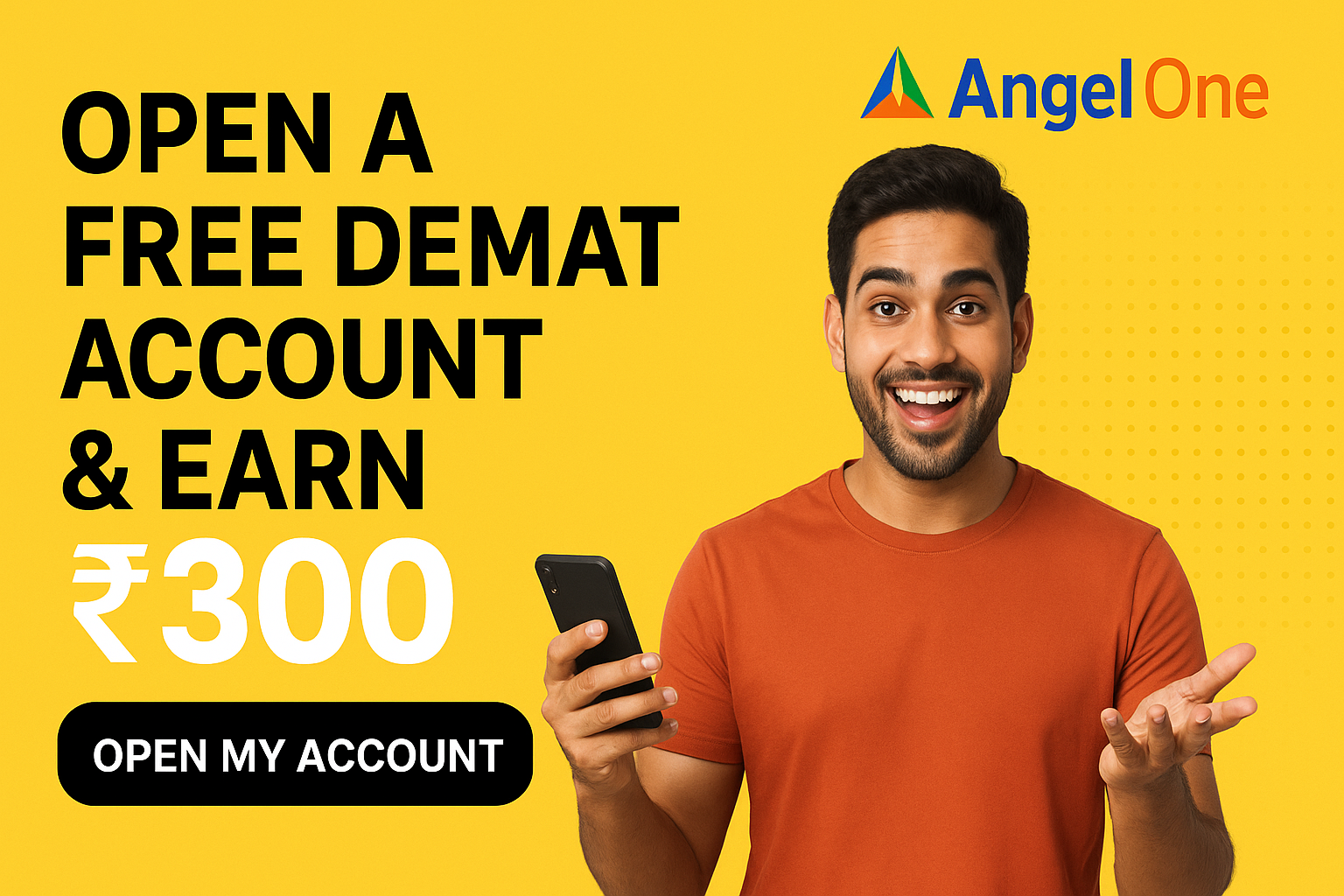 Open a Free Demat Account & Get ₹300 Reward – Angel One Offer! 1 Angel One Demat account offer – digital promotional banner with smartphone graphic, Angel One logo, and text about free Demat account opening bonus and ₹300 refer and earn reward for beginners in India.